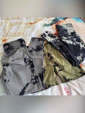 Tie-Dye “Tik Tok” Active Leggings/short Set in Olive, Black & Gray